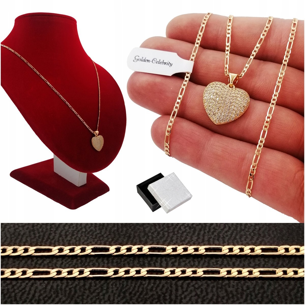 Złoty Naszyjnik Serce Kryształowe 18K Na Prezent