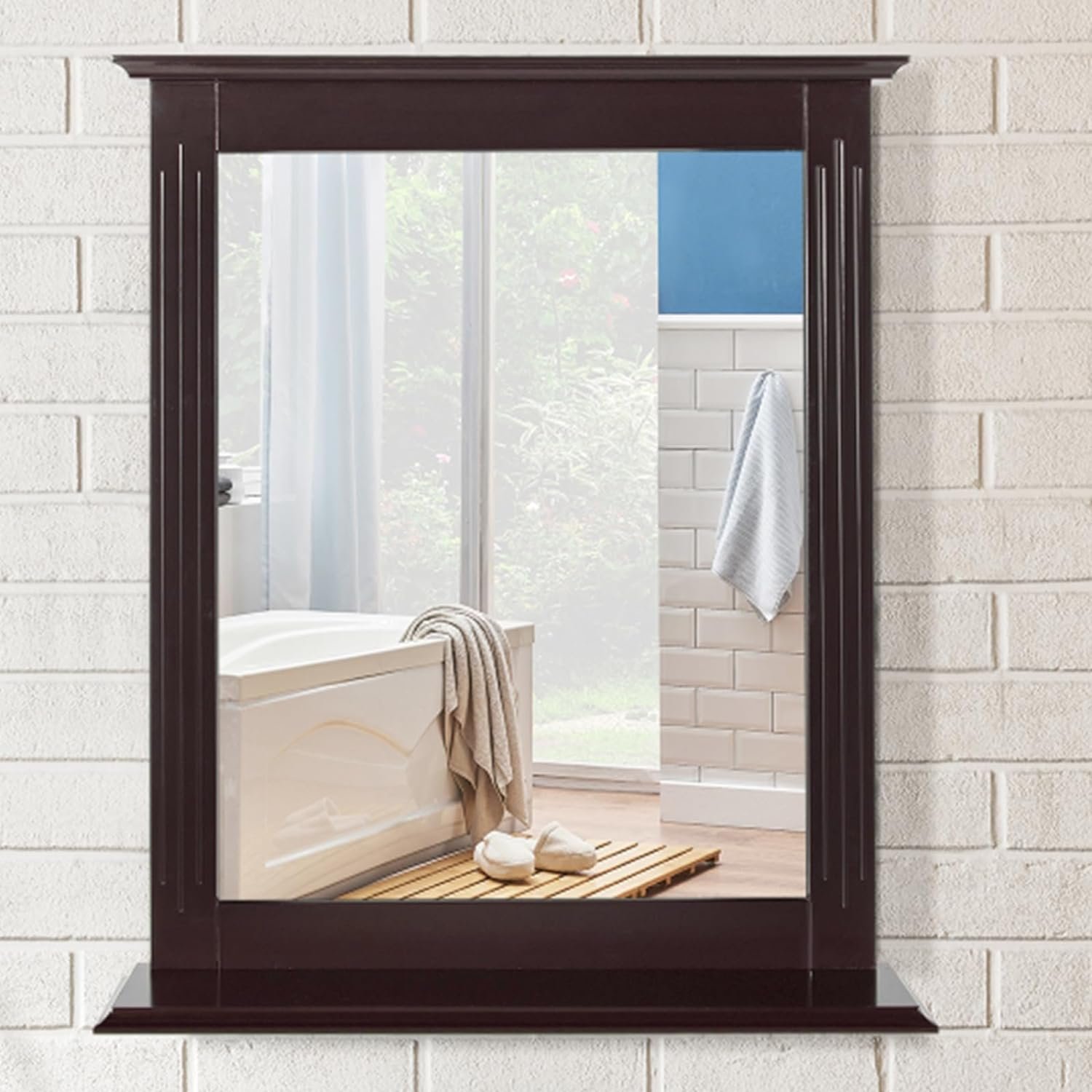 Lustro łazienkowe z półką, drewniane lustro ścienne, lustro wiszące 57 x 12 x 68,5 cm, idealne do łazienki, salonu, przedpokoju (brązowe)