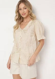 Jasnobeżowa Bawełniana Koszula Zapinana na Guziki z Haftem i Przeszyciami Ozdobną Nicią Varavia - Koszule damskie - miniaturka - grafika 1