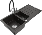 Zlewozmywaki z baterią - Mexen Andres zlewozmywak granitowy 1,5-komorowy z ociekaczem i baterią kuchenną Duo, czarny/złoty metalik - 6515-75-671701-07 - miniaturka - grafika 1