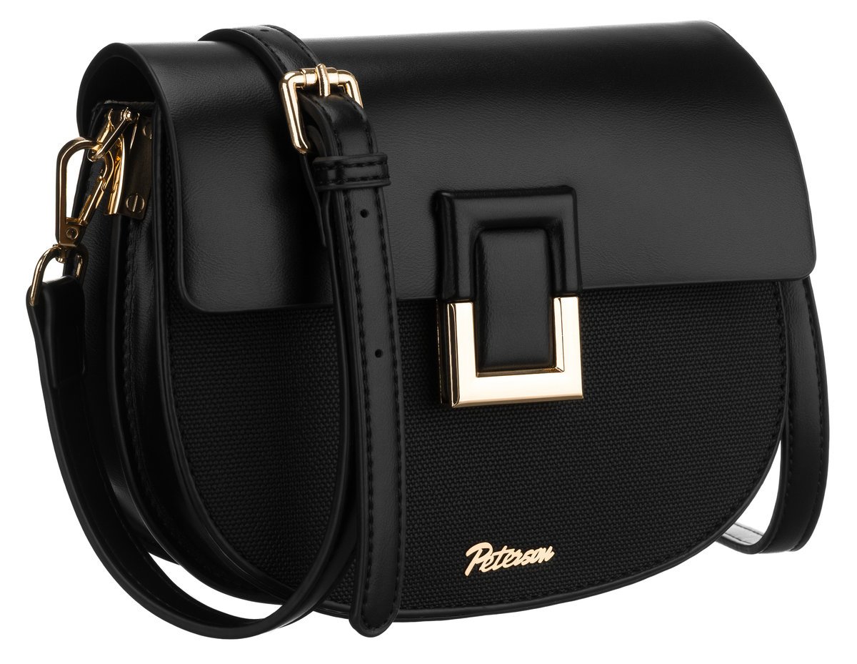 Czarna torebka damska listonoszka z klapką na klips magnetyczny PETERSON mała modna elegancka z ozdobnym zapięciem skóra ekologiczna odpinany długi ..