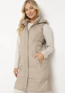 Ciemnobeżowa Pikowana Kamizelka z Odpinanym Kapturem i Ściągaczami Lorianvia - Kamizelki damskie - miniaturka - grafika 1