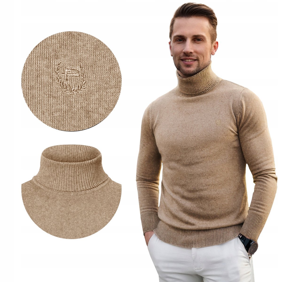 Klasyczny GOLF Sweter Męski Elegancki Bawełniany BEŻOWY M Pako Jeans