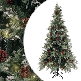 vidaXL Choinka z lampkami LED i szyszkami, zielona, 225 cm, PVC i PE - Choinki - miniaturka - grafika 1