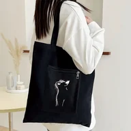 Torebki damskie - TEMU Duża Torba Tote z Nadrukiem Kota – Stylowa Czarna Poliestrowa Torba na Ramię z Zamkiem dla Kobiet, Idealna na Podróże, Dojazdy i Zakupy - miniaturka - grafika 1