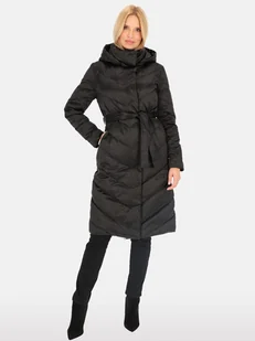 Długi wiązany puchowy płaszcz damski XL Czarny - Płaszcze damskie - miniaturka - grafika 1