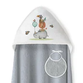Okrycia kąpielowe dla dzieci - Okrycie kąpielowe 100x100 Rino Leon szary ręcznik z kapturkiem + śliniaczek - miniaturka - grafika 1