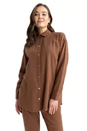 Bluzki damskie - DeFacto Damska bluzka z długim rękawem, koszula z guzikami, do noszenia na co dzień, brązowy, L-XL - miniaturka - grafika 1