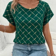 Koszule damskie - TEMU Elegancka Bluzka Damska w Zielono-Złotą Kratę z Krótkim Rękawem – Okrągły Dekolt, Casual do Półformalna Koszula Lekka i Przewiewana na Wiosnę/, - miniaturka - grafika 1