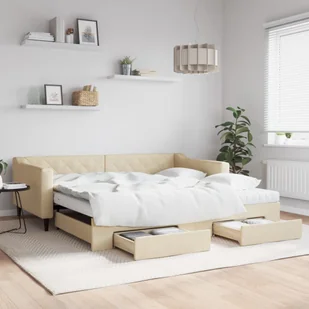 vidaXL Sofa rozsuwana z szufladami, kremowa, 100x200 cm, tkanina - Sofy i kanapy - miniaturka - grafika 1