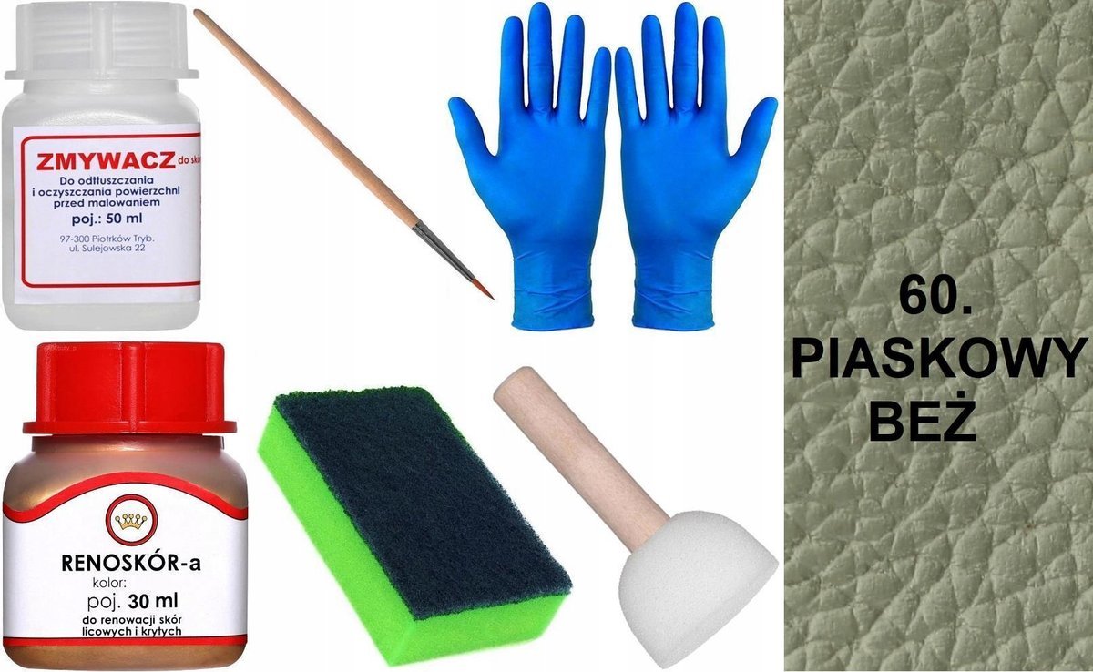 PIASKOWY BEŻ 60 Renoskór ZESTAW DO RENOWACJI SKÓRY LICOWEJ Farba + Zmywacz