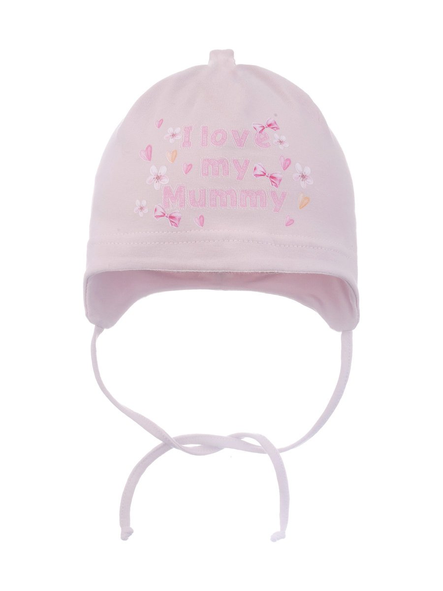 Dziewczęca czapka uszatka I love my Mummy jasnoróżowa Ambra r.36/38
