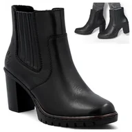 Botki damskie - Rieker Botki Damskie SKÓRZANE Wygodne na Klocku Eleganckie Modne Czarne Zamek 37 - miniaturka - grafika 1