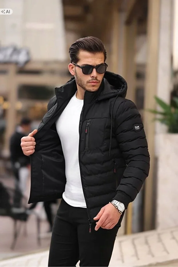 CZARNA PIKOWANA KURTKA MĘSKA Z KAPTUREM SPORTOWA XXL 5IA