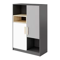 Komody - Komoda Wysoka z Regałem PO-06 Pok Lenart Biały, Jasny Szary, Buk Ibsen, Grafit - miniaturka - grafika 1