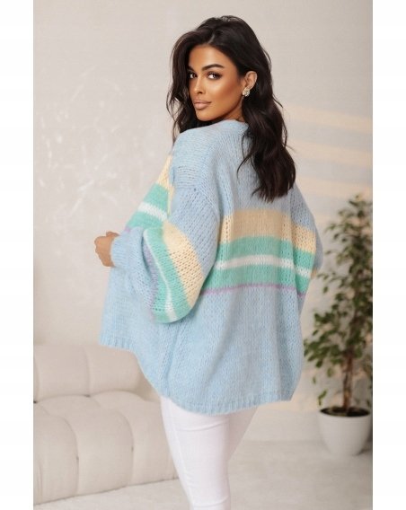 Kardigan Damski Oversize Wełna Akryl Błękit Modny Sweter Narzutka