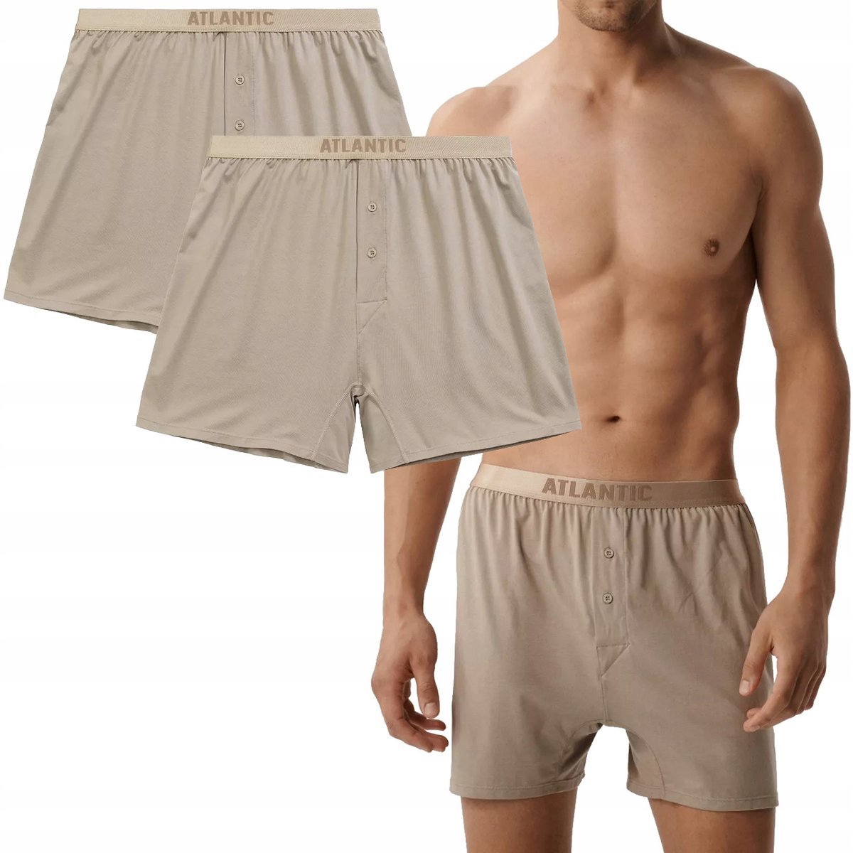 BOKSERKI MĘSKIE SZORTY LUŹNE Z MODALEM ATLANTIC 2BMB005 BEŻOWE 2PAK XL