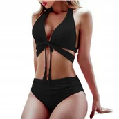 Stroje kąpielowe - CZARNY STRÓJ KĄPIELOWY DWUCZĘŚCIOWY WIĄZANA GÓRA WYSOKI STAN L - miniaturka - grafika 1