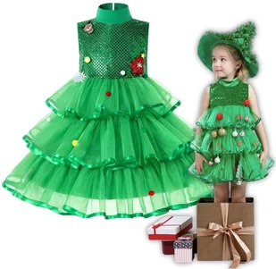 Sukienka Świąteczna Strój Zielona Choinka Przebranie Na Święta Bal 116 122 Cm - Stroje karnawałowe - miniaturka - grafika 1