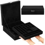 Pudełka i szkatułki - Szkatułka Na Biżuterię 26X26X9 Cm Czarny Kuferek Z Przegródkami Welurowy - miniaturka - grafika 1