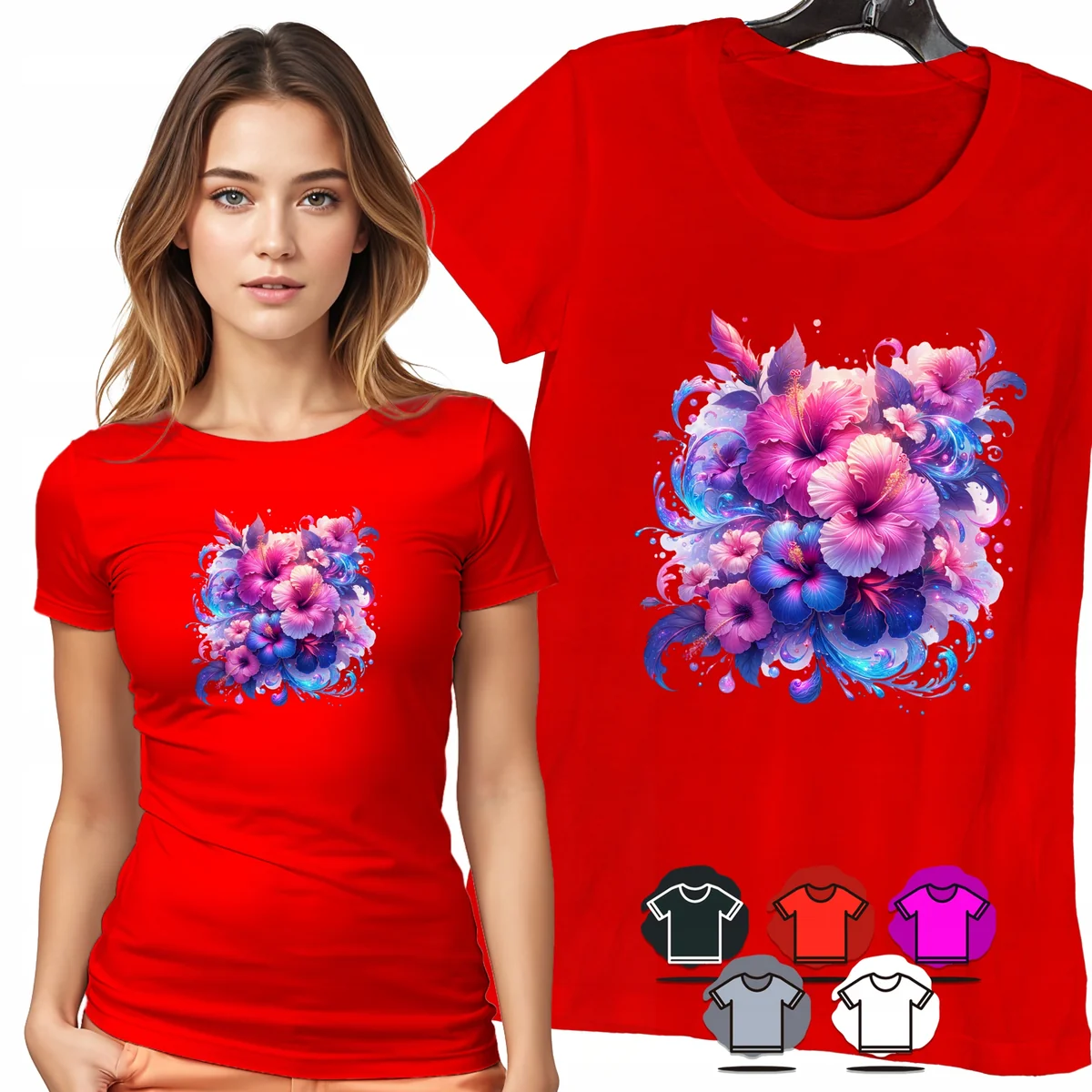KOSZULKA DAMSKA T-SHIRT - KWIATY RÓŻOWO NIEBIESKIE AKWARELA WZÓR MODNY - 3X
