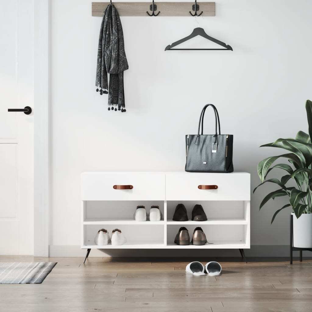 vidaXL Ławka na buty biały wysoki połysk 102x35x55 cm materiał drewnopochodny - Ławka na buty - Ławki na buty - Ławka z miejscem do przechowywania - Stojak na buty