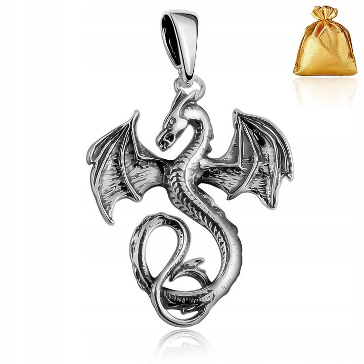 Srebrna Duża Męska Zawieszka Wisiorek Smok Dragon Srebro Pr. 925 Na Prezent
