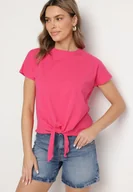 Koszulki i topy damskie - Różowy T-shirt z Bawełny z Ozdobnym Wiązaniem Sunitra - miniaturka - grafika 1