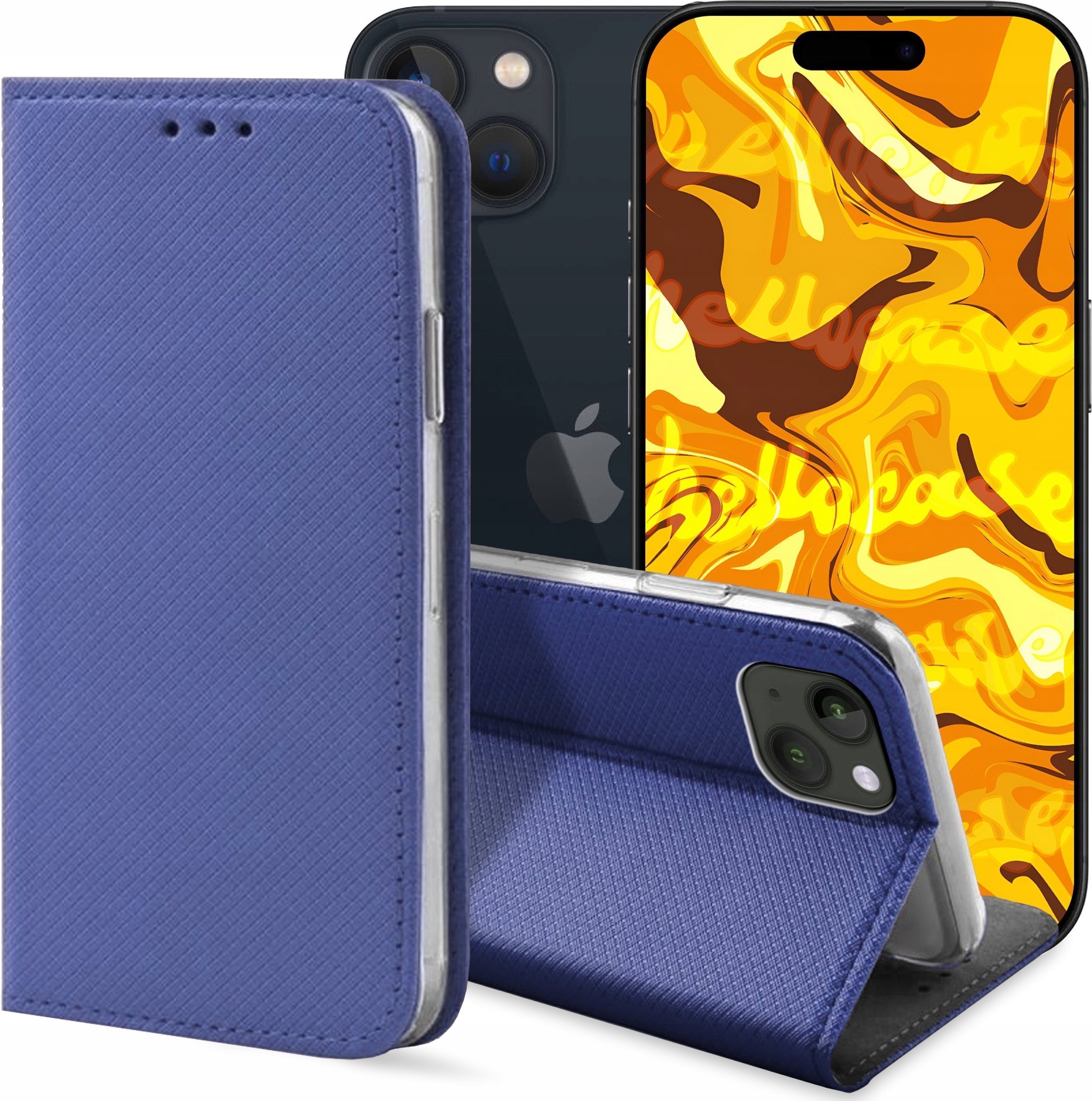 ETUI Z KLAPKĄ DO APPLE IPHONE 13 / 14 GRANATOWE ZAMYKANE MAGNETYCZNE KABURA
