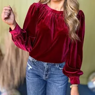 Bluzki damskie - Welurowa damska bluzka z długim rękawem - Czerwony - miniaturka - grafika 1