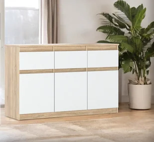 Komoda Biała Drewniana 3 Szuflady 120cm Oleksa Pojemna Szafka Rtv Dąb Wotan - Szafki RTV - miniaturka - grafika 1