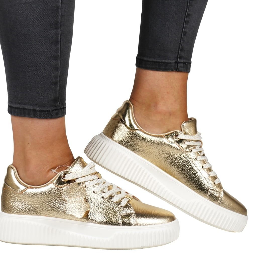 DAMSKIE TRAMPKI SNEAKERSY NISKIE SKÓRARZANE NA PLATFORMIE FILIPPO 6729 ZŁOTE