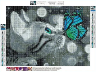 Haft Diamentowy, Obraz, Mozaika Diamentowa Diamond Painting, KOT Z TURKUSOWYM MOTYLKIEM 40x30cm - Rękodzieło - miniaturka - grafika 5