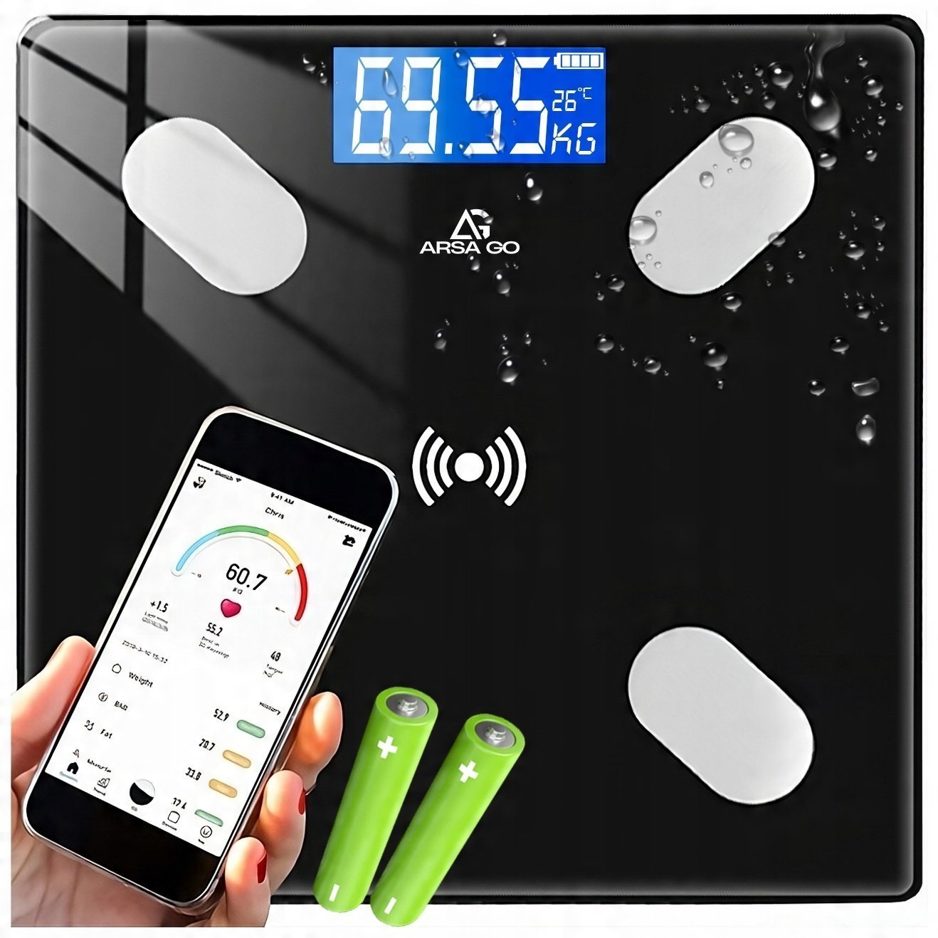 Waga łazienkowa ARSA GO SZKLANA SPORTOWA PRECYZYJNA FUNKCYJNA DO POMIARÓW