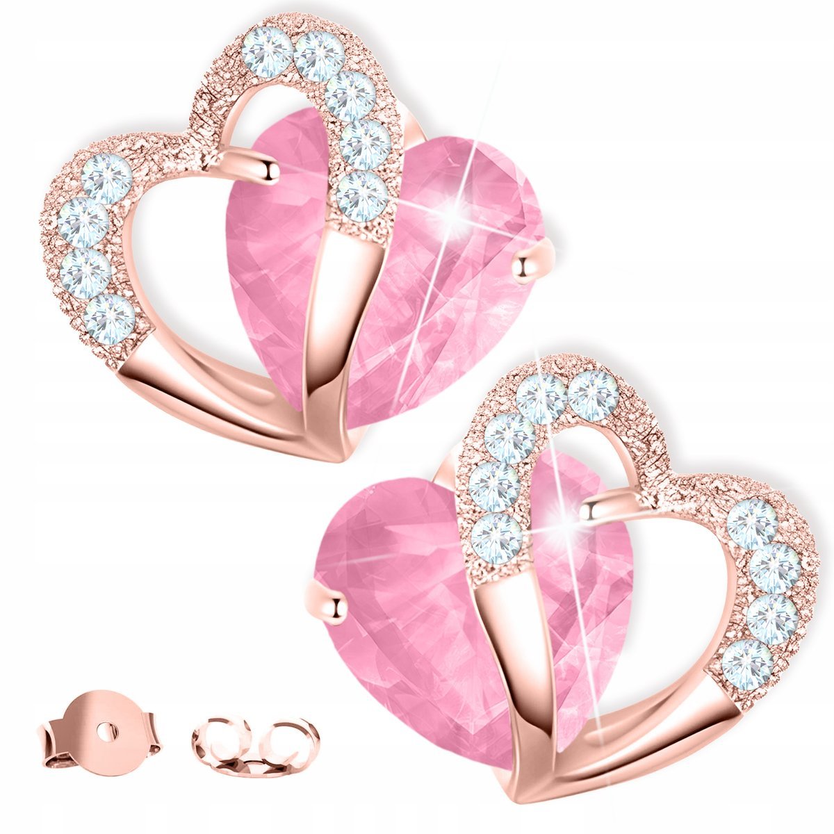 Kolczyki Pozłacane z Różowym Sercem Różowe Serca z Cyrkoniami SREBRO 925