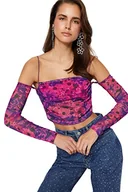 Bluzki damskie - Trendyol Damska dopasowana obcisła bluzka dzianinowa bez ramiączek, Różowy-wielokolorowy, 62 - miniaturka - grafika 1