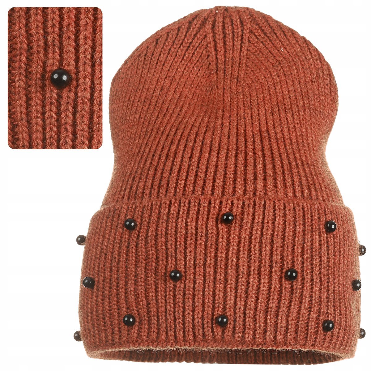 Czapka Damska Kobieca Beanie Perełki Wywijana Ciepła Jesienna Czerwona Ruda