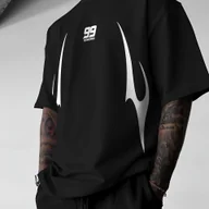 Koszule męskie - TEMU Koszulka Męska Streetwear z Nadrukiem - Czarna, Luźny Krój, Krótki Rękaw, Biało-Szara , Oddychająca Okrągła Dekoltura, Wygodna Koszula na do - miniaturka - grafika 1