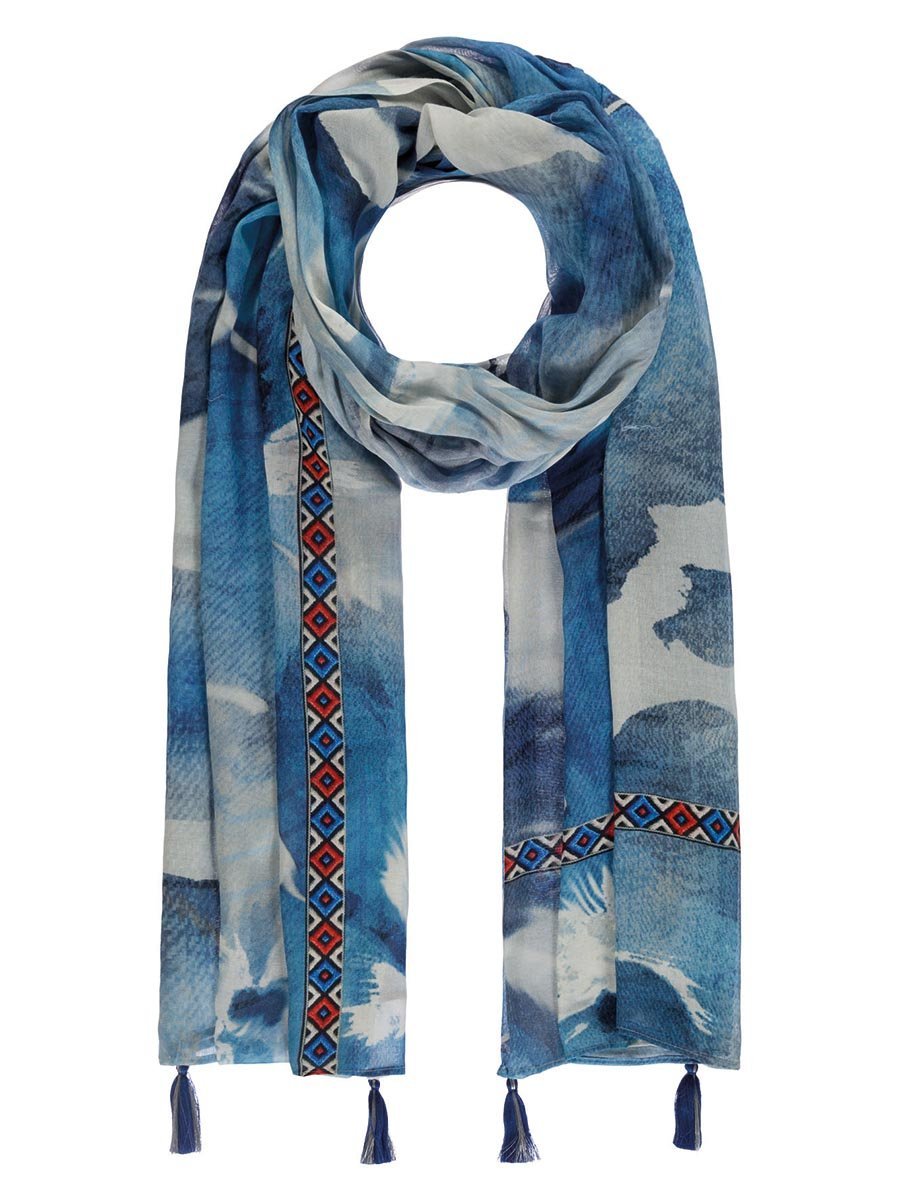 Damski szalik z kwiatami i frędzlami niebieski Passigatti