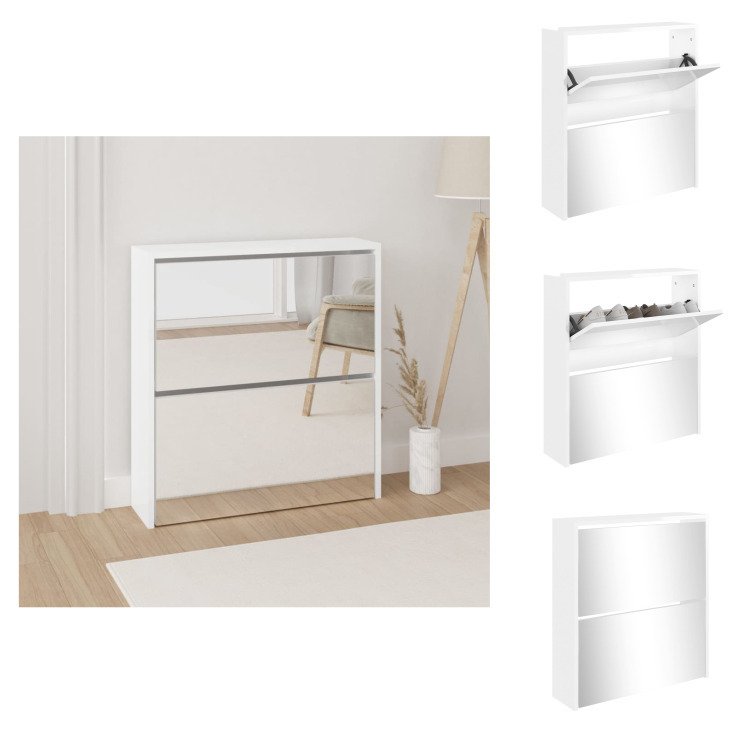 vidaXL Szafka na buty z lustrem 2 przegrody biały wysoki połysk 63x17x67 cm - Półki i szafki na buty