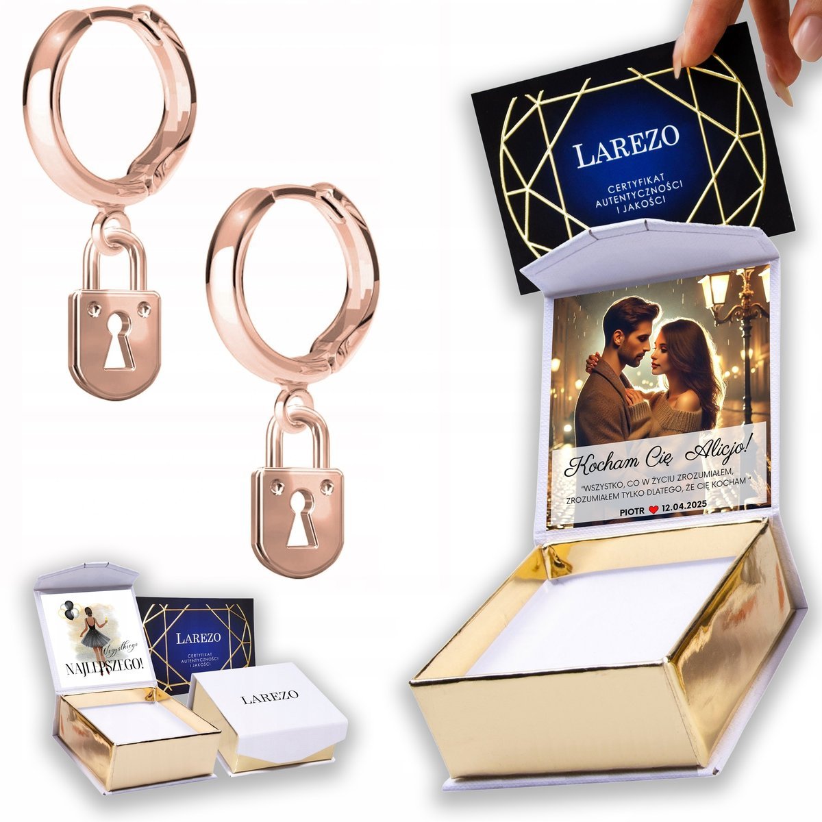 Kolczyki Pozłacane 925 Kłódki Zamki Zapięcie z Kłódką Zamek Lock NADRUK