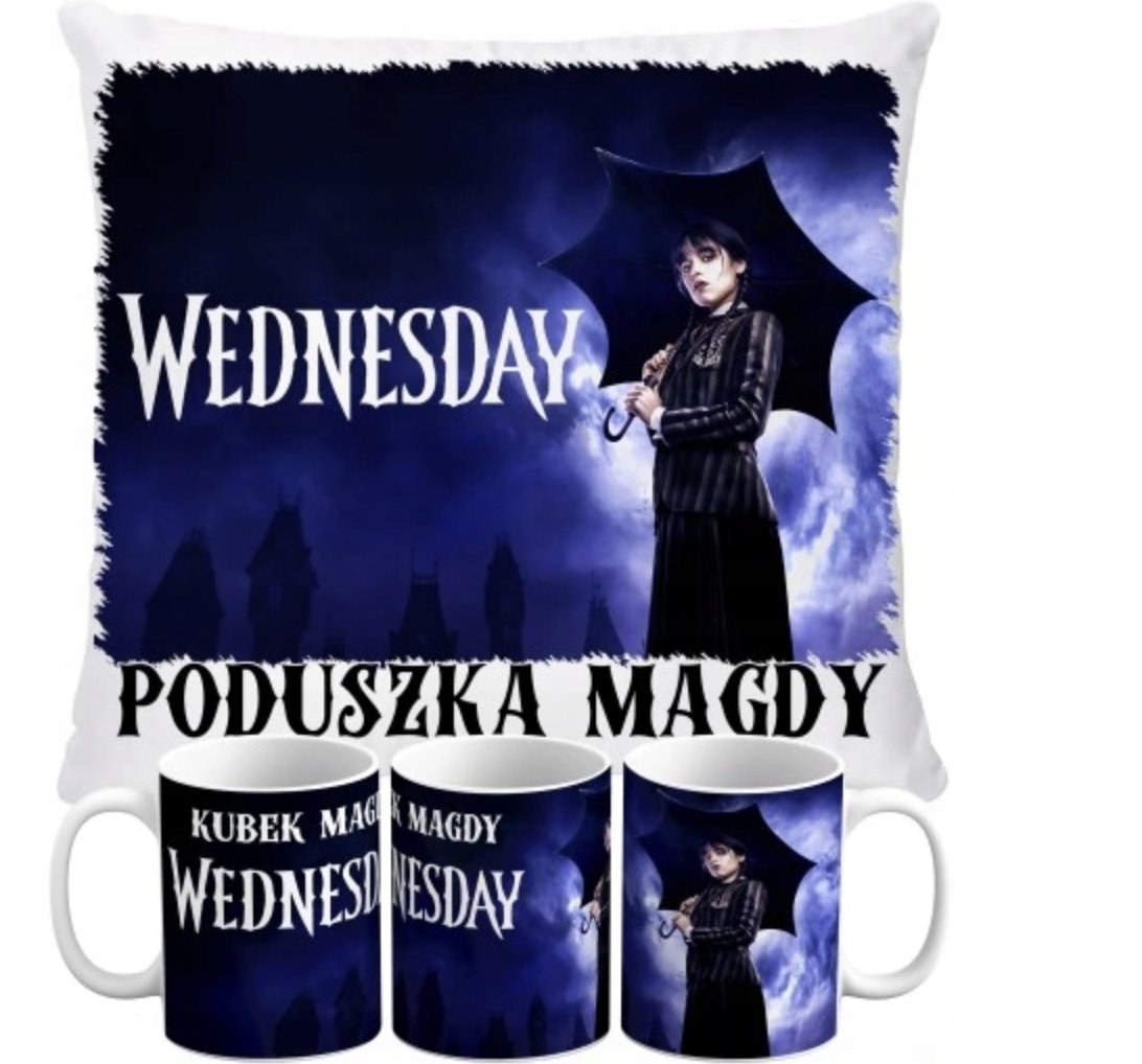 ZESTAW PODUSZKA + KUBEK Prezent WEDNESDAY ADDAMS SERIAL + IMIĘ