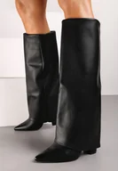 Kozaki damskie - Czarne Kozaki na Obcasie z Wywiniętą Cholewką Hesla - miniaturka - grafika 1