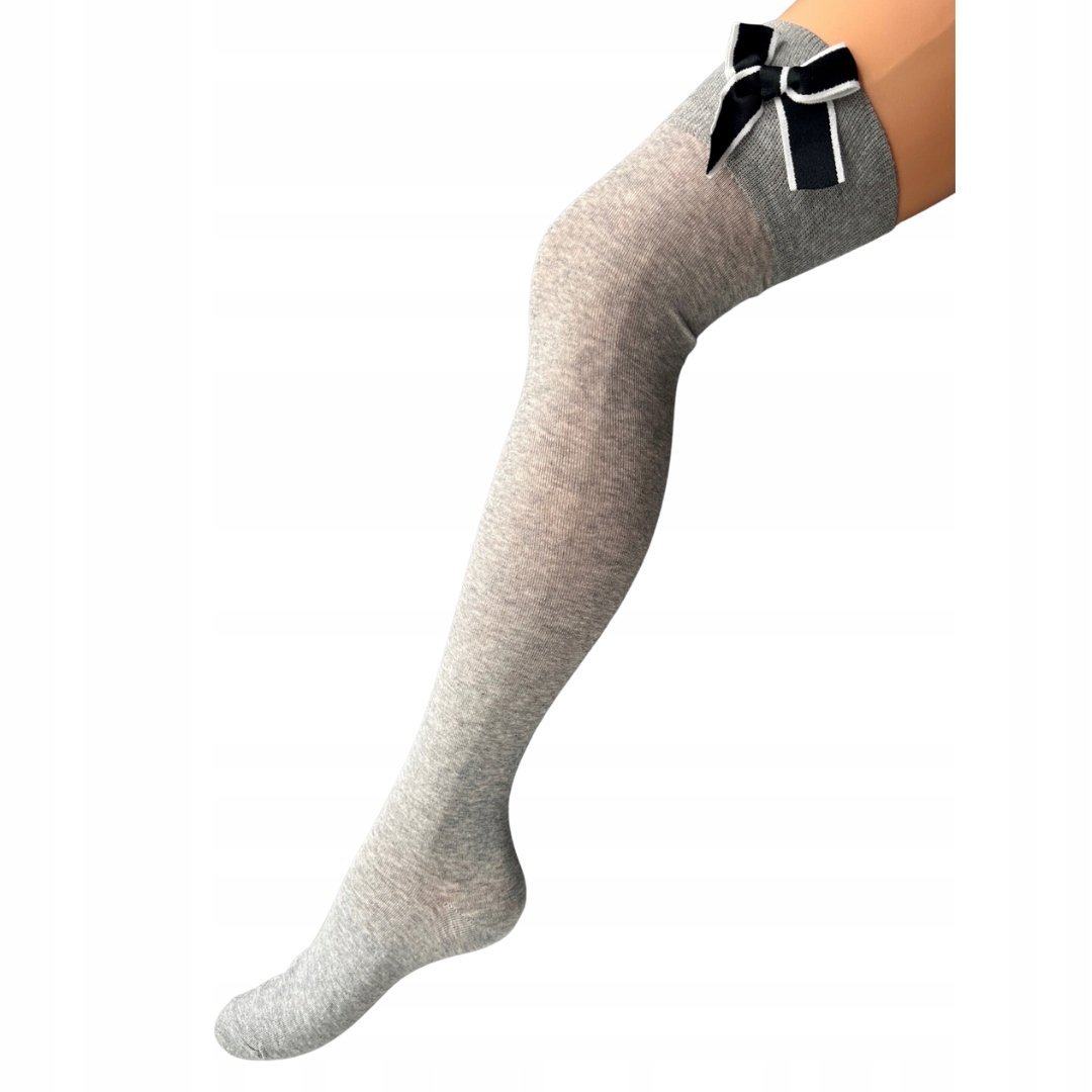 Zakolanówki gładkie z kokardą jasny szary ciepłe kryjące bawełna 35-39