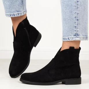 Czarne jesienne zamszowe ażurowe botki damskie S.Barski 151 - S.BARSKI - Botki damskie - miniaturka - grafika 1