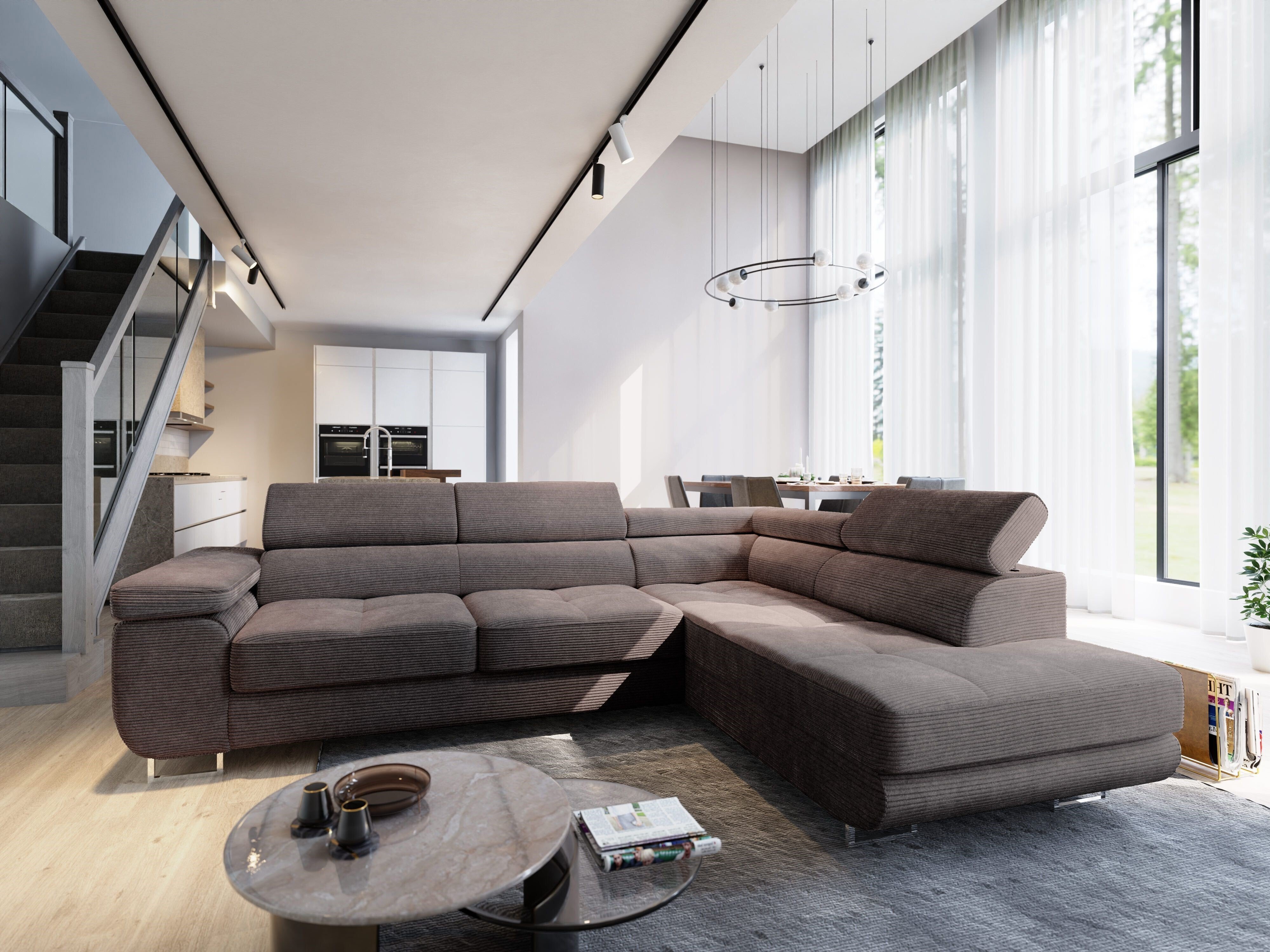 Masseno Narożnik APIRO R-S z funkcją spania i pojemnikiem na pościel Kształt L, Rozkładana sofa, Rogówka - Brązowy, POSO 06