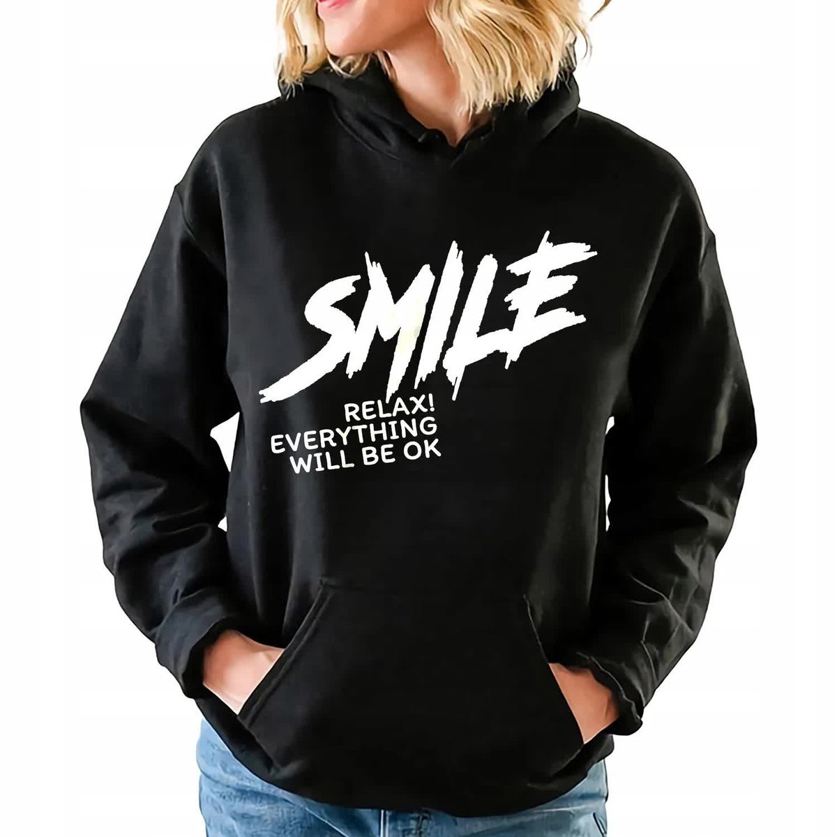 Bluza Damska Z Kapturem Czarna SMILE Młodzieżowe Wzory Rozmiar XL
