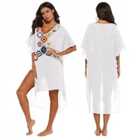 Bluzki damskie - LETNIA SUKIENKA PLAŻOWA PAREO ZWIEWNA LEKKA TUNIKA ASYMETRYCZNA BOHO HAFT KOLOR BIAŁY - miniaturka - grafika 1
