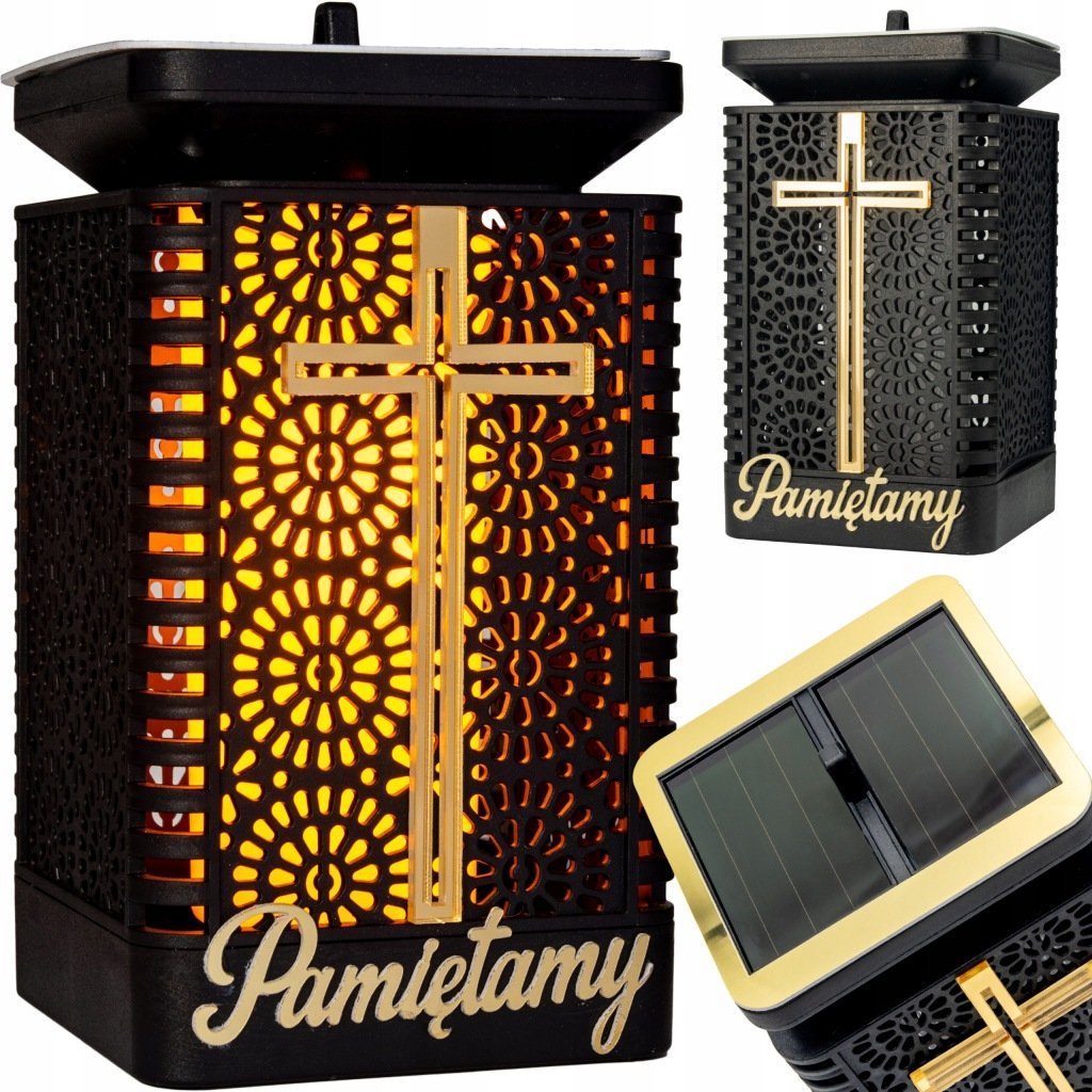 ZNICZ SOLARNY LED LAMPION NA GRÓB STATUETKA NA CMENTARZ Z KRZYŻEM