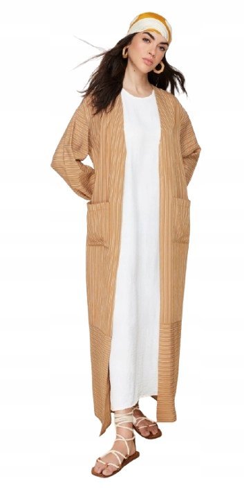 TRENDYOL DŁUGA NARZUTKA BRĄZOWA W PASKI Z KIESZENIAMI 38 5AA